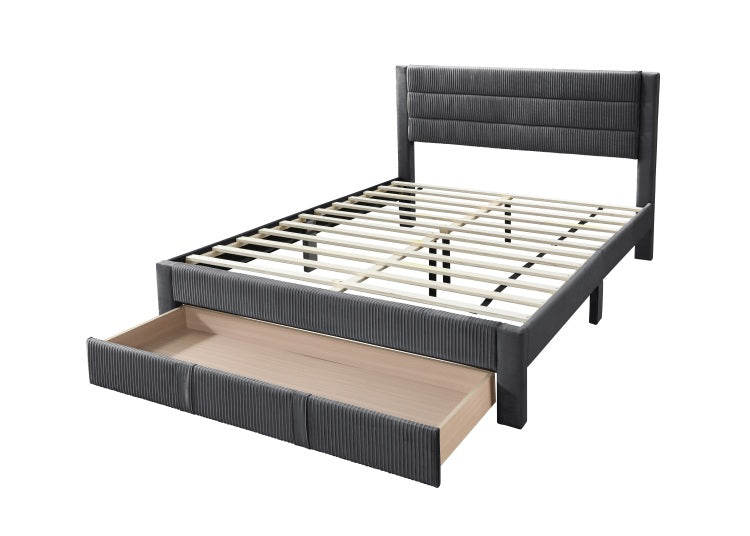 Luxury Contemporary Look 1Pc Full Size Bed W Storage Drawer Charcoal Corduroy Headboard Bedframe