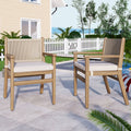 Outdoor Dining Chairs Set Of 2, Acacia Wood Patio Armchair With Rope Design Back And Water Repellent Cushion, Light Brown, 400Lbs Weight Capacity