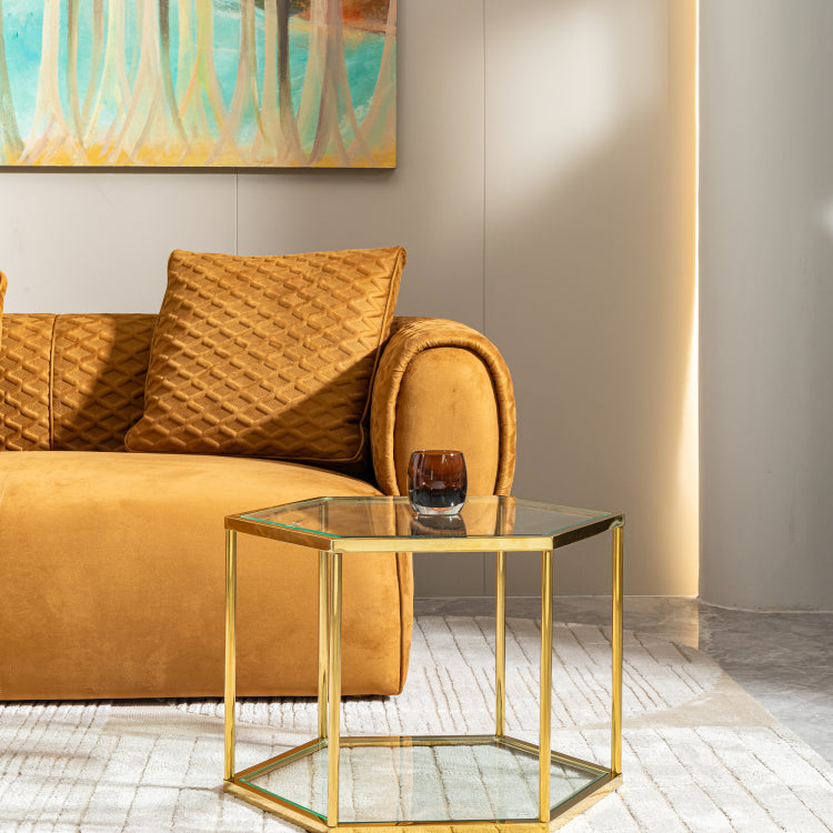 Luxury Hexagonal Side Table, Clear Tempered Glass Top With Gold Stainless Steel Frame, Accent Coffee Table For Living Room, Bedroom, Or Office