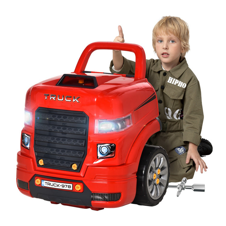 Qaba Kids Truck Engine Toy, Kids Mechanic Car Repair Set, Engine Disassembly Play Workshop, Includes 61 Pieces, Steering Wheel, Horn, Light For 3 5 Years Old, Red