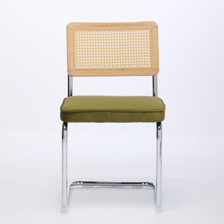 Mid Century Modern Dining Chairs Set Of 2, Velvet Accent Chairs With Natural Cane Back & Stainless Chrome Base, Famous Breuer Designed Chairs, Upholstered Rattan Kitchen Chairs,Olive Green