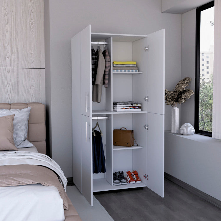 Hazel 70" High Four Door Armoire Wardrove Closet Cabinet, Six Shelves And Two Hanging Rods, Bedroom Clothes Storage Cabinet Organizer White