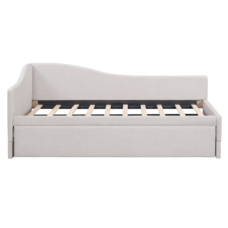 Twin Size Upholstered L Shaped Upholstered Daybed With Pop Up Trundle, Beige
