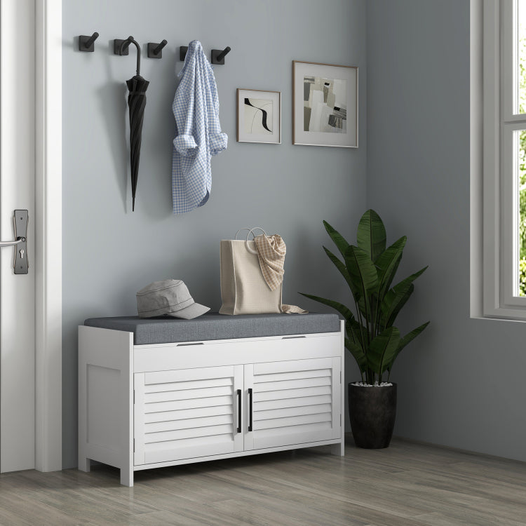 Homcom Shoe Bench, Entryway Bench With Shoe Storage, Cushion, Hidden Compartments, Adjustable Shelves And Shutter Doors, 35.4" Shoe Organizer For Entryway, Hallway, Holds Up To 352 Lbs., White