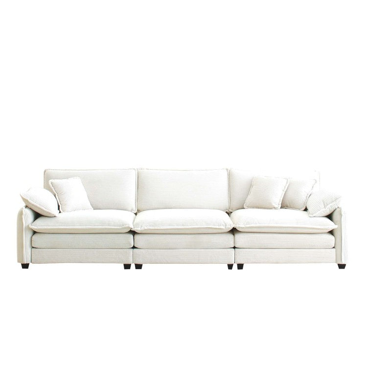 Mid Century Modern 3 Seater Sectional Sofa With 2 Arm Pillows And 3 Throw Pillows, Beige Corduroy Fabric