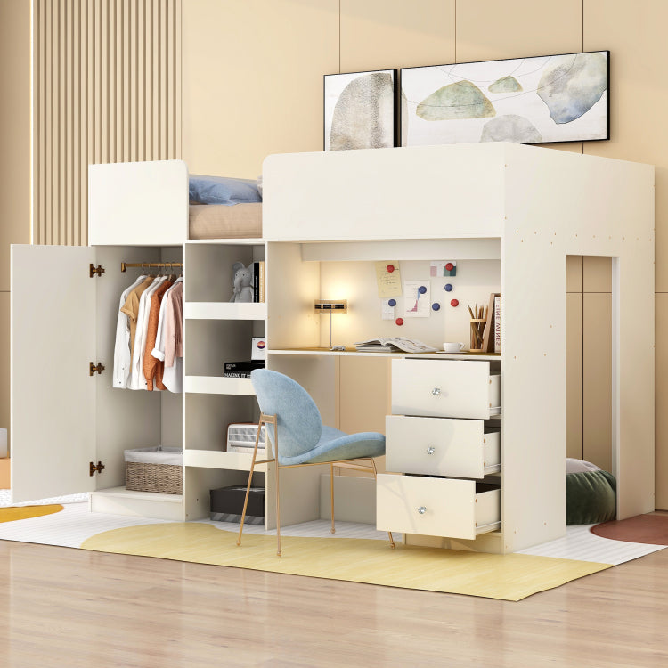 Wood Full Size Loft Bed With Built In Wardrobe, Desk, Storage Shelves And Drawers, Beige