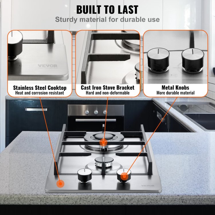 Gas Cooktop 12 Inch, Max 12250Btu 2 Burners Built In Stainless Steel Gas Stove Top, Lpg Ng Convertible Dual Fuel Natural Gas Hob With Thermocouple Protection