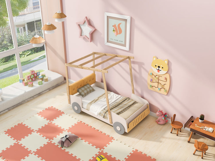 Wood Twin Size Car Bed With Pillow, Ceiling Cloth, Natural