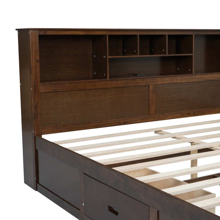 King Size Wood Platform Bed With Multi Storage Headboard, Usb And Drawers, Antique Wood Color