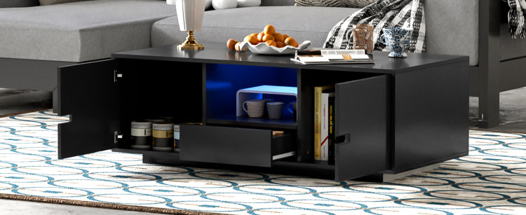 Modern High Glossy Rectangle Coffee Table, Stylish Center Table With Storage Space, Accent Furniture With 16 Color Led Lights For Living Room