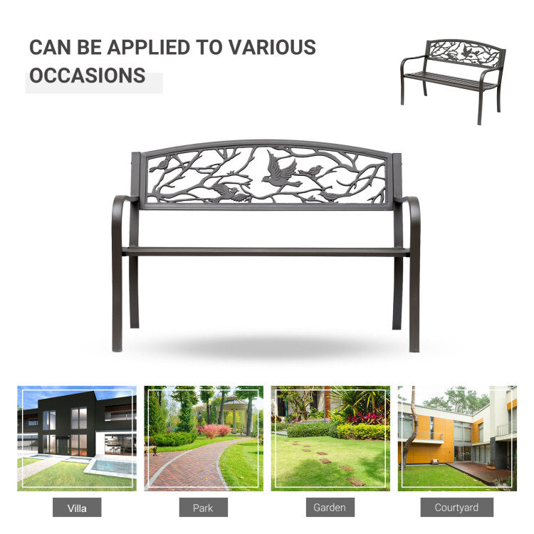 Outsunny 50" Garden Bench, Outdoor Patio Bench With Animal Pattern, Cast Steel Metal Bench For Yard, Lawn, Porch, Brown