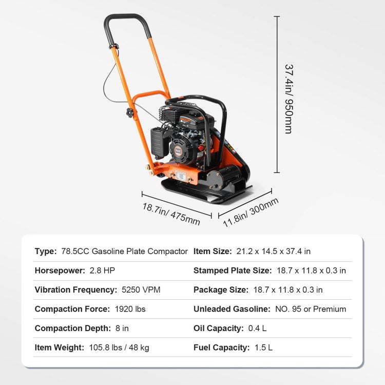 Plate Compactor, 2.8 Hp 78.5Cc Gas Engine 5,250 Vpm, 1,920 Lbs Force Vibratory Compaction Tamper With 18.7 X 11.8 Inch Plate For Walkways, Patios, Asphalts, Paver Landscaping