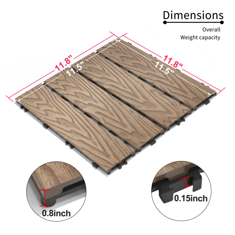 Patio Floor Tiles Pack Of 11 Wpc Wood Plastic Composite Patio Deck Tiles Diy Interlocking Decking Tiles, Quick Deck Floor Tile, Court Tile, Water Resistant Indoor Outdoor 11.8" 3D Teak
