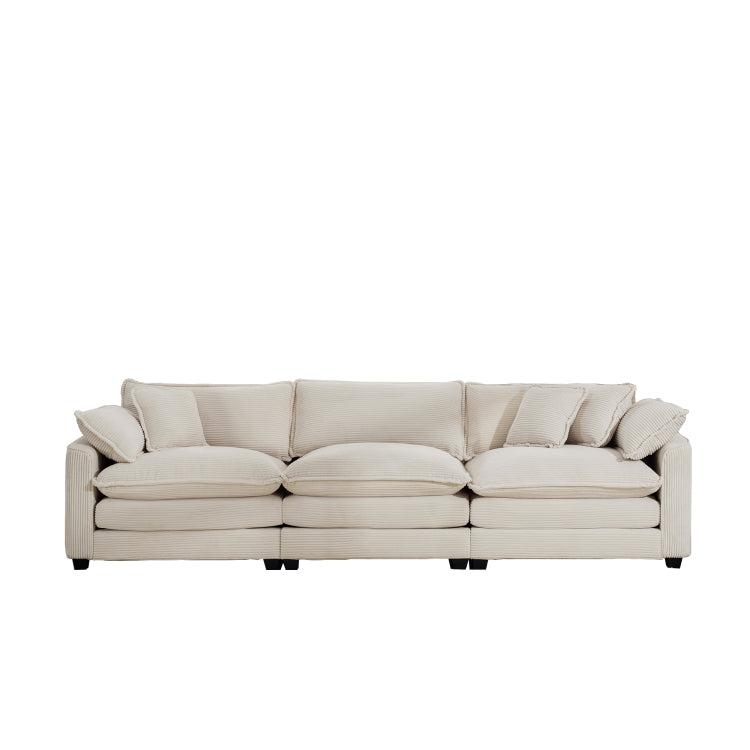 Mid Century Modern Sofa 3 Seater Sectional Sofa With 2 Arm Pillows And 3 Throw Pillows, Light Beige Corduroy Fabric