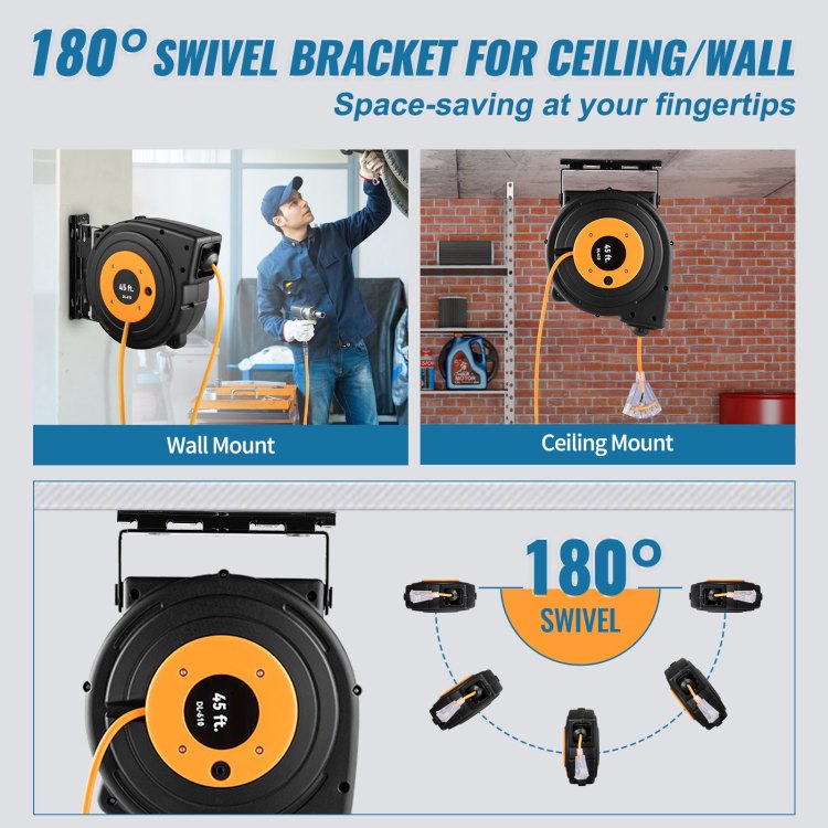 Retractable Extension Reel, Heavy Duty 12Awg 3C Sjtow Power Cord 45 Ft 12Awg, Black