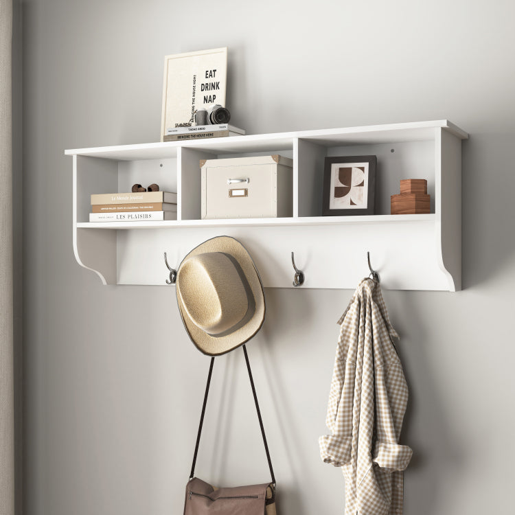 White Entryway Wall Mounted Coat Rack With 4 Dual Hooks Living Room Wooden Storage Shelf