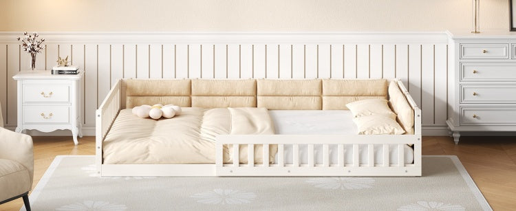 Wood Full Size Upholstered Platform Bed With Guardrail And Pillow, Beige