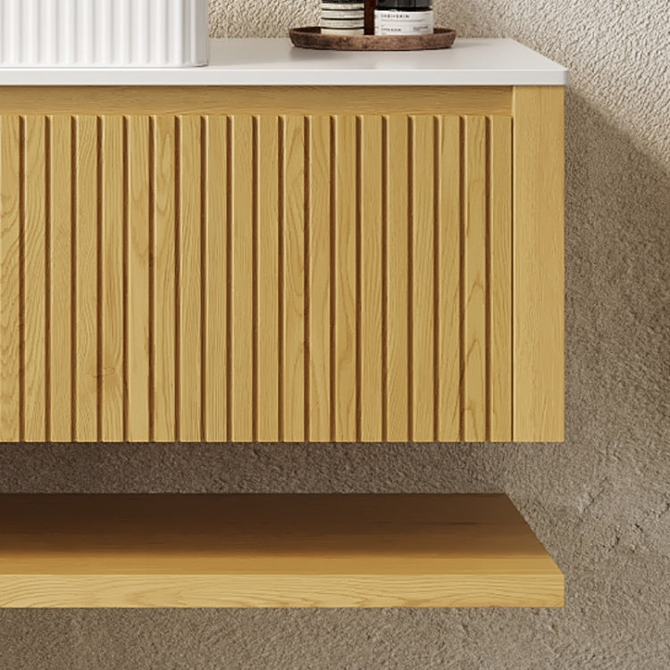 Hizon 48" Wall Mounted Corolla Oak Woodgrain Plywood Bathroom Storage Cabinet With Drawer And Shelf, White Sintered Stone Countertop, No Basin, No Faucet And Sink Cover