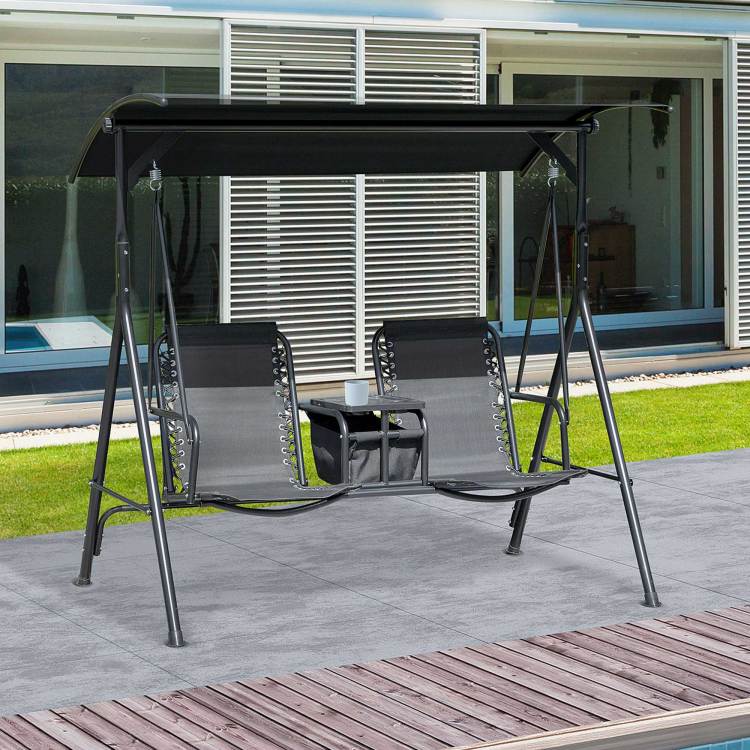 Outsunny 2 Seat Patio Swing Chair, Outdoor Canopy Swing Glider With Pivot Storage Table, Cup Holder, Adjustable Shade, Bungie Seat Suspension And Weather Resistant Steel Frame, Black