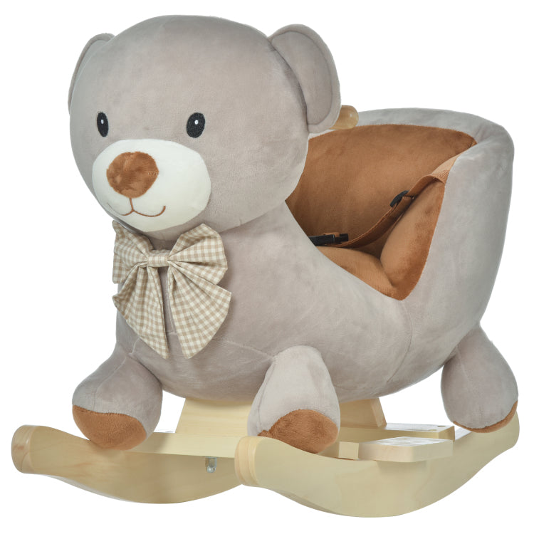 Qaba Kids Rocking Horse, Bear Shaped Plush Toddler Ride On Horse With Sound, Wooden Base & Safety Belt For 18 36 Months, Gray