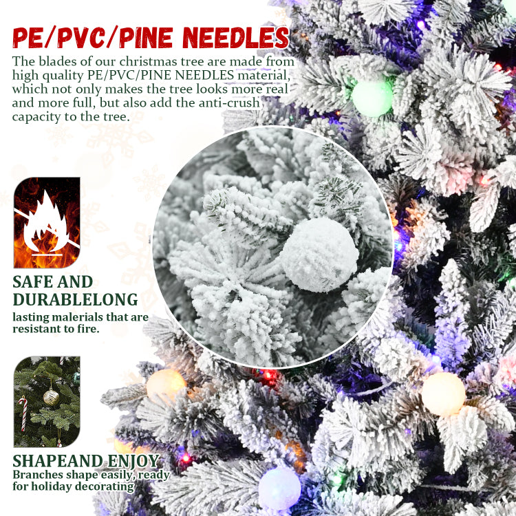 7.5Ft Flocked Christmas Tree With 400L Colorful Led Lights With G45 Ball, Realistic Pe Pvc Hard Needle Hinged Tree With Memory Wire, 10 Lighting Modes, Foot Switch & Stable Metal Stand