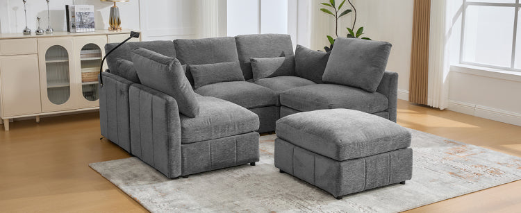Modern Sectional Sofa Modular Sofa 85.4" U Shaped Sofa Couch Sofa Bed L Shaped Sofa With A Movable Ottoman And Two Usb Ports And A Phone Holder For Living Room, Grey