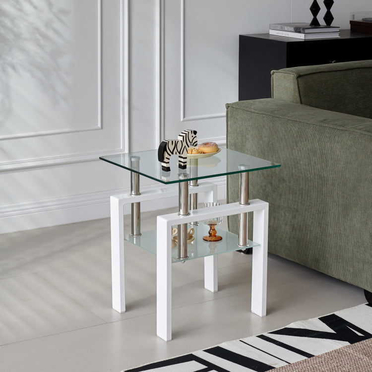 2 Pieces White Tempered Clear Glass End Table, 2 Layers Small Table With Storage, Living Room Side Table