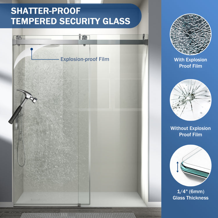 56" 60" W X 76" H Frameless Soft Closing Single Sliding Shower Door, 1 4" 6Mm Tempered Glass With Explosion Proof Film Via Express Delivery, Brushed Nickel Cm 24D01 60Bnx