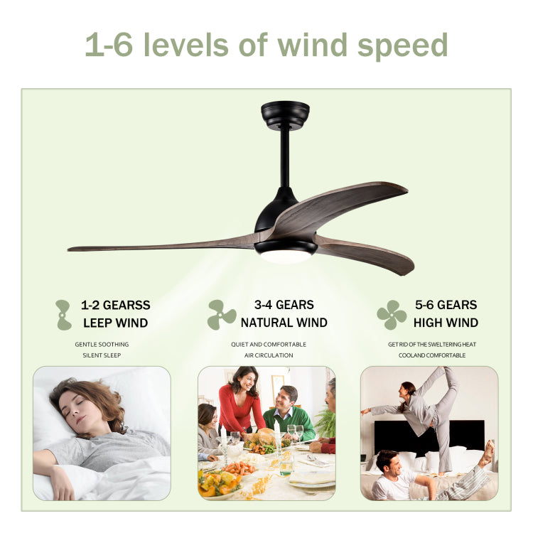 52" Solid Wood Blades , Indoor With Light With Remote Control, Noiseless Reversible Motor, 6 Speed ,3 Color , For Patio Living Room, Bedroom, Office,Indoor. Matte Black