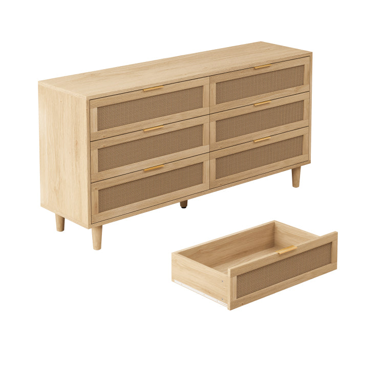59.06"6 Drawers Rattan Storage Cabinet Rattan Drawer With White Drawer Slides,For Bedroom,Living Room,Natural