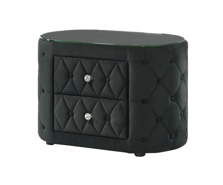 Luxurious 1Pc Oval Nightstand Plush Tufted Upholstery 8Mm Tempered Glass Top Rounded Sides Two Storage Drawers Sparkling Knobs Wooden Bedroom Furniture Black