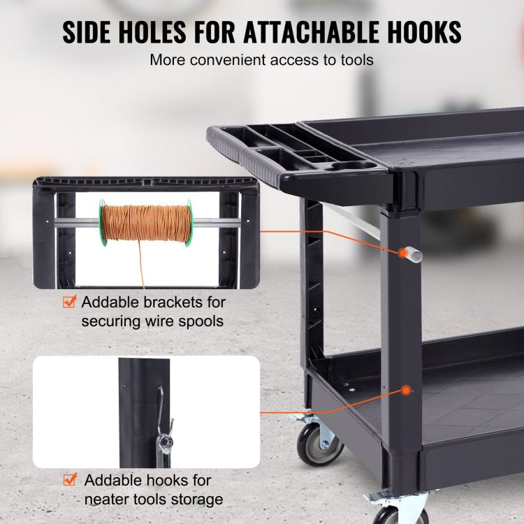 Utility Service Cart, 2 Shelf 550Lbs Heavy Duty Plastic Rolling Utility Cart With 360 Swivel Wheels 2 With Brakes , Large Lipped Shelf, Ergonomic Storage Handle For Warehouse Garage Cleaning