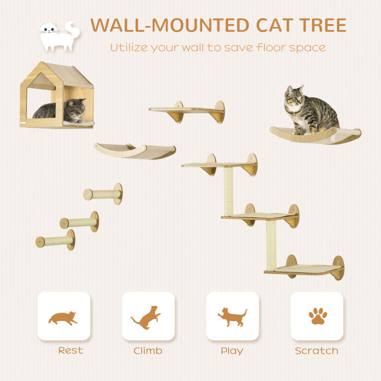 Pawhut Unique Cat Tree Made From Cat Shelves With 10 Levels For More Height, Wall Mounted Cat Tree Climbing Playground With Cat Hammocks, Modern Cat Tree