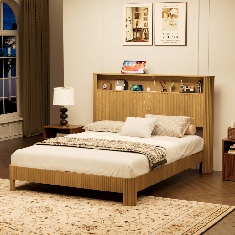 Queen Size Bed Frame With Storage Headboard, Built In Charging Station, Wavy Curved Lines Design, Silent Operation, Metal Support, Natural