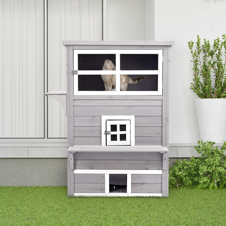 Pawhut 3 Story Cat House Feral Cat Shelter, Outdoor Kitten Condo With Raised Floor, Asphalt Roof, Escape Doors, Jumping Platforms, Grey