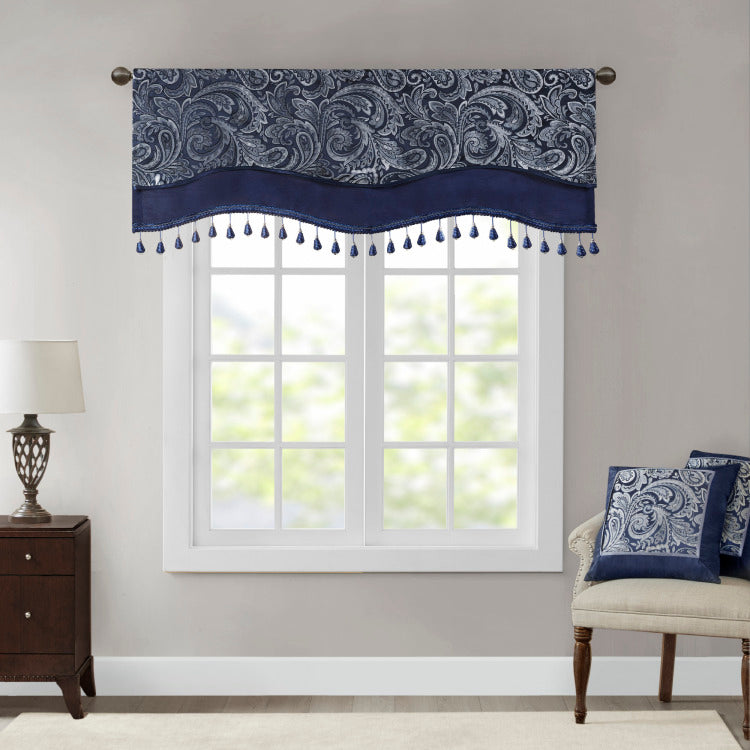 Jacquard Window Rod Pocket Valance With Ds Navy 50X18"