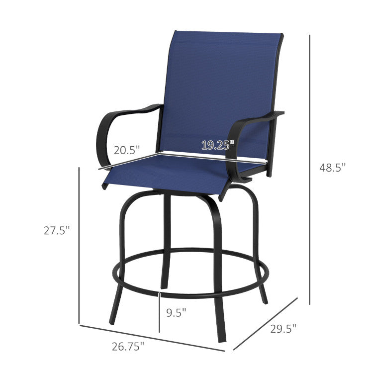 Outsunny Outdoor Bar Stools With Armrests, Set Of 2 360 Swivel Bar Height Patio Chairs With High Density Mesh Fabric, Steel Frame Dining Chairs For Balcony, Poolside, Backyard, Navy Blue