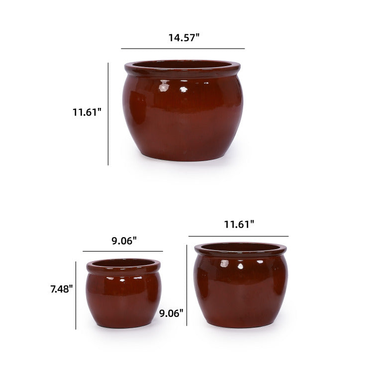 Handmade Rust Red Ceramic Plant Pots Set Of 3, 15 12 9 Inch Diameter, Indoor & Outdoor Flower Pots For Tables, Couchside, Balcony & Garden, Clay With Drainage Hole