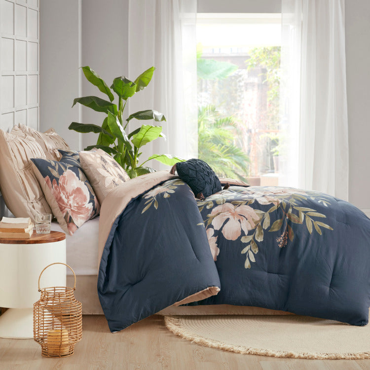 8 Piece Cotton Comforter Set Navy Queen
