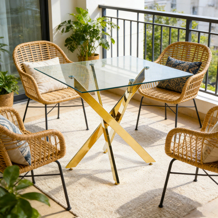 Dining Table With Cross Metal Leg And Tempered Glass,Modern Space Saving Kitchen Table For Living Room,Chrome Legs,Square Table,Golden Legs,90X90X75Cm