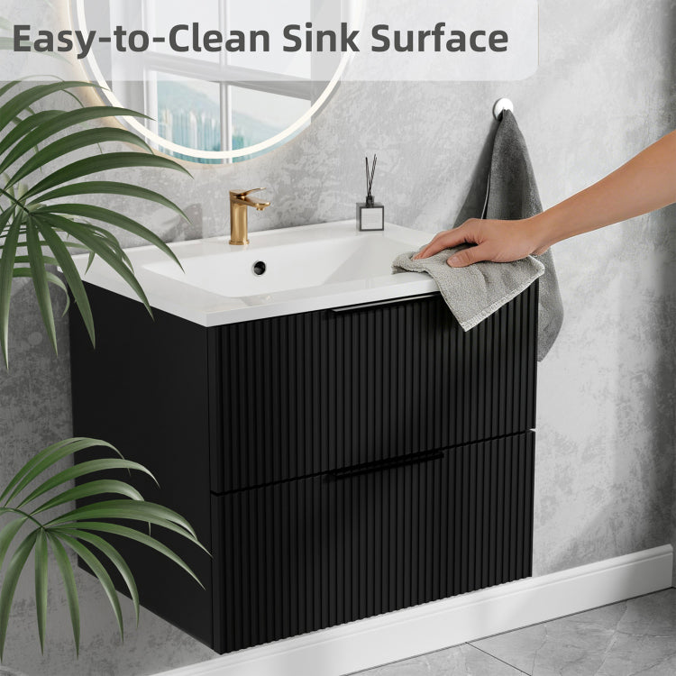 24 Inch Bathroom Vanity Cabinet With Ceramic Sink Black Wall Mounted Floating Fluted Vanity With Drawers, Modern