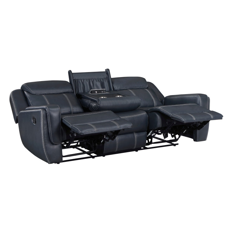 Modern Blue Dual Reclining Sofa With Center Drop Down Cup Holders, Faux Leather Upholstery, Usb Ports Living Room Furniture 1Pc