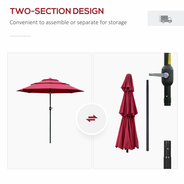 Outsunny 9Ft 3 Tiers Patio Umbrella Outdoor Market Umbrella With Crank, Push Button Tilt For Deck, Backyard And Lawn, Wine Red