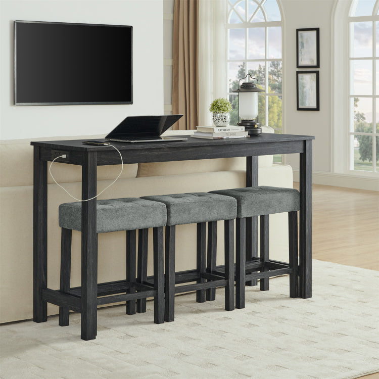 59 Inch Bar Table, Dining Table, Sofa Table With Power Outlet, 3 Upholstered Stools, 4 Piece Bar Table And Chair Set For Living Room, Dining Room, Kitchen