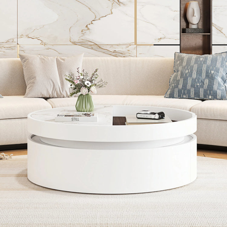 White Round Lift Coffee Table With 1 Drawer In 29.5", Marble Veneer And Wood Grain Tabletop