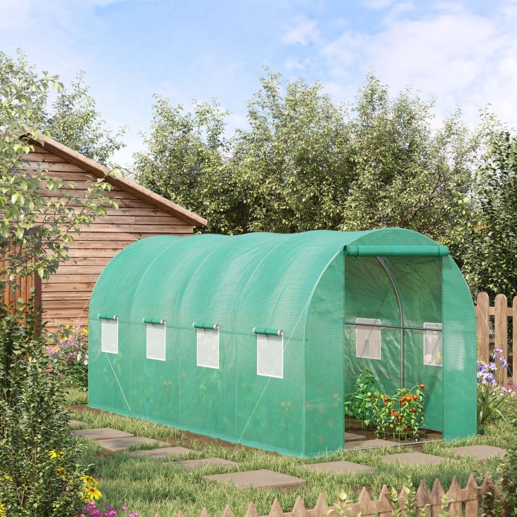 Outsunny 15' X 7' X 6.5' Walk In Tunnel Hoop Greenhouse, Green House With Polyethylene Pe Cover, Steel Frame, Roll Up Zipper Door & Windows For Flowers, Vegetables, Tropical Plants, Green