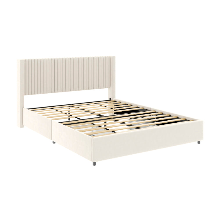 Anna Patented 2 Drawer Storage Bed Queen Size Ivory Velvet Upholstered Wingback Platform Bed, Modern Design Headboard With Tight Channel, Wooden Slat Mattress Support No Box Spring Needed