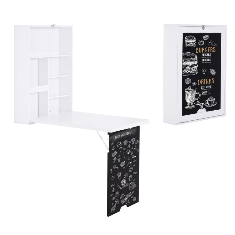 Homcom Wall Mounted Foldable Desk With A Blackboard, Fold Out Convertible Floating Desk With Shelves, White