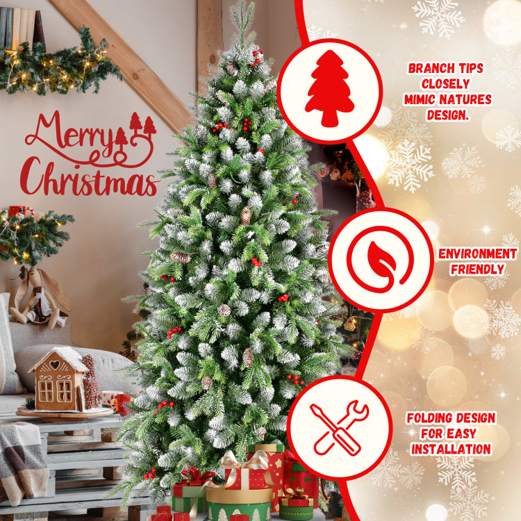 6Ft Pre Lit Artificial Christmas Tree With 380 Warm White Led Lights, 1264 Tips, Frosted Greenery With Red Berries & Natural Pinecones, Full Holiday Tree With Sturdy Metal Stand For Indoor