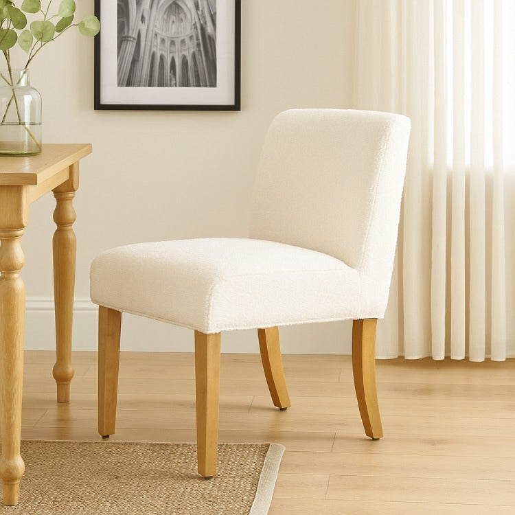 Kip Dining Chair With Honey Oak Wood Legs, Cream White Boucle Fabric